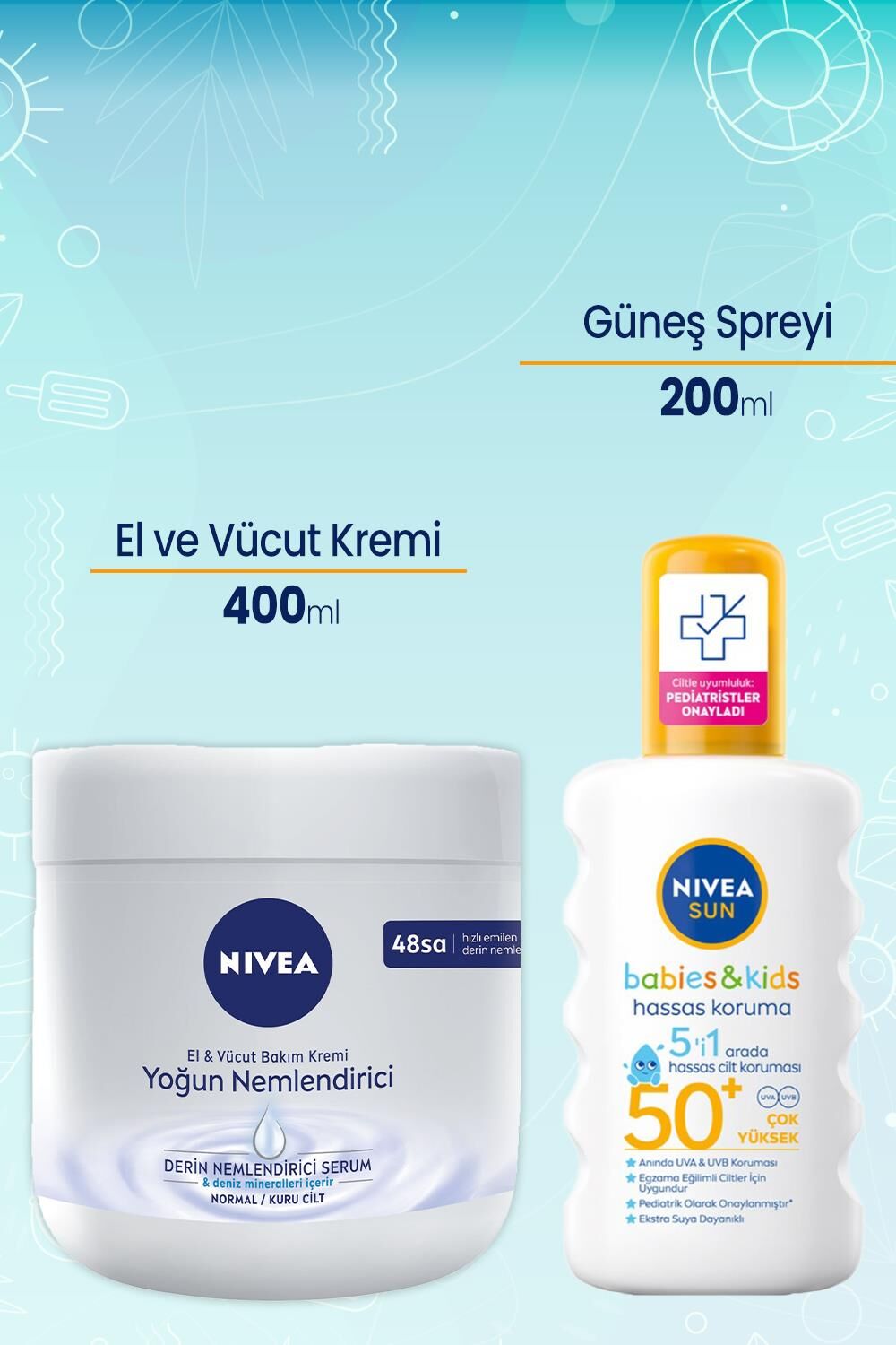 Nivea El ve Vücut Yoğun Nemlendirici Krem 400 ml ve Sun Çocuk Hassas Güneş Spreyi 50+ 200 ml