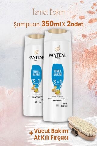 Pantene Şampuan Pro-V Temel Bakım 3'ü 1 Arada 350 ml x 2 Adet ve Vücut Bakım At Kılı Fırçası