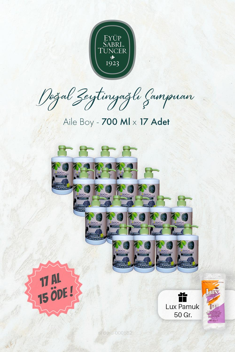 Eyüp Sabri Tuncer Doğal Zeytinyağlı Şampuan 17 AL 15 ÖDE 700 ml ve Pamuk