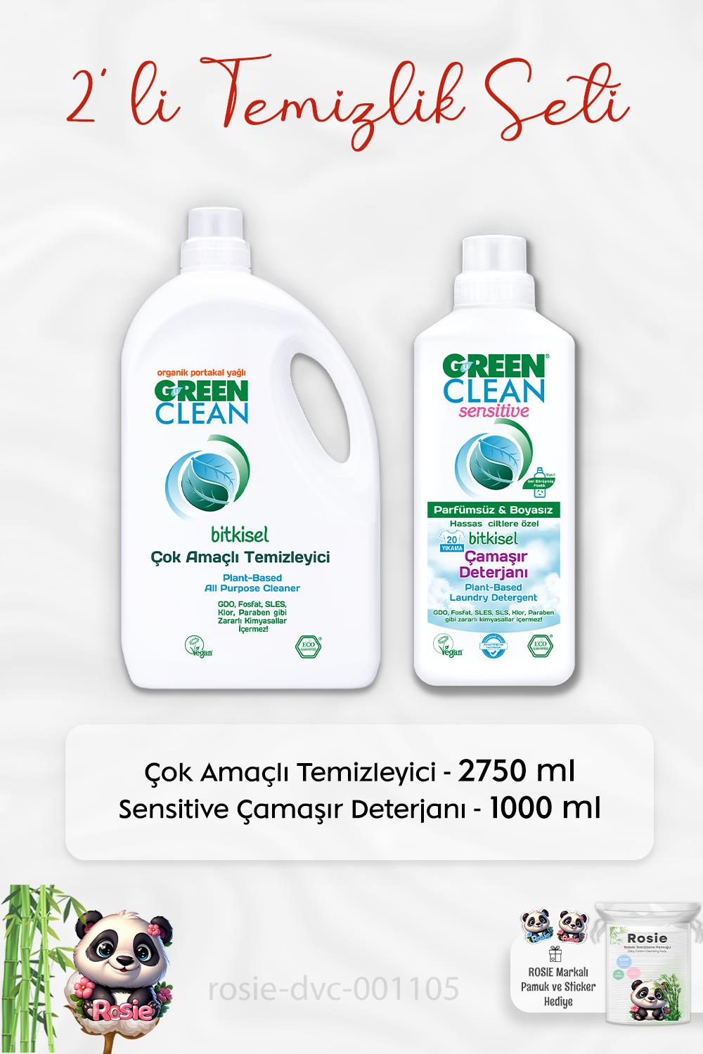 Green Clean Çok Amaçlı Temizleyici 2750 ml, Sensitive Çamaşır Deterjanı 1 lt ve ROSIE