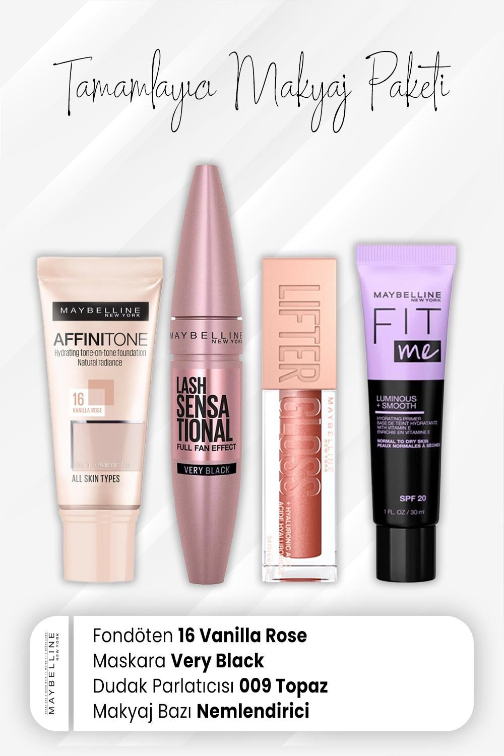 Maybelline New York Affinitone Fondöten 16, Maskara Very Black, Dudak Parlatıcı 009 Topaz ve Nemlendiren Baz