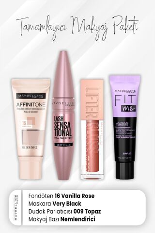 Maybelline New York Affinitone Fondöten 16, Maskara Very Black, Dudak Parlatıcı 009 Topaz ve Nemlendiren Baz