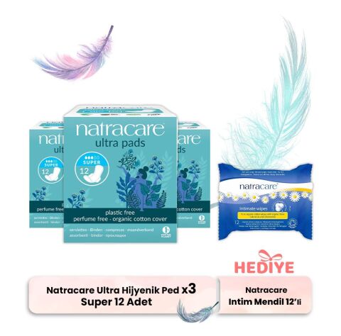 Natracare Ultra Hijyenik Ped Super 12'li x 3, İntim Mendili Hediyeli