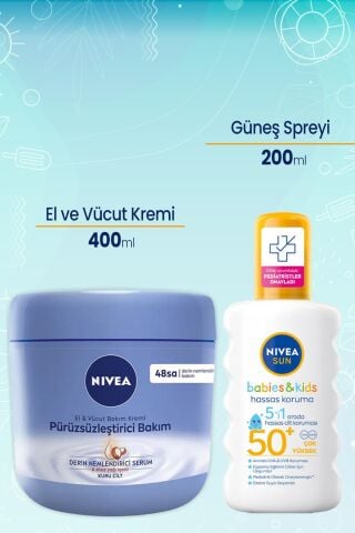Nivea El ve Vücut Pürüzsüzleştirici Krem 400 ml ve Sun Çocuk Hassas Güneş Spreyi 50+ 200 ml