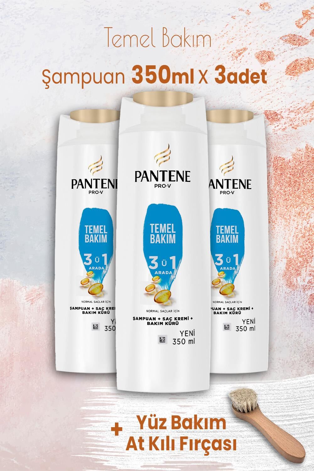 Pantene Şampuan Pro-V Temel Bakım 3'ü 1 Arada 350 ml x 3 Adet ve Yüz Bakım At Kılı Fırçası
