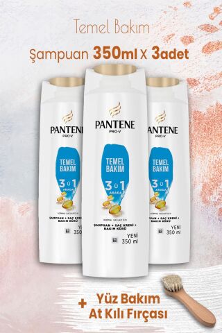 Pantene Şampuan Pro-V Temel Bakım 3'ü 1 Arada 350 ml x 3 Adet ve Yüz Bakım At Kılı Fırçası