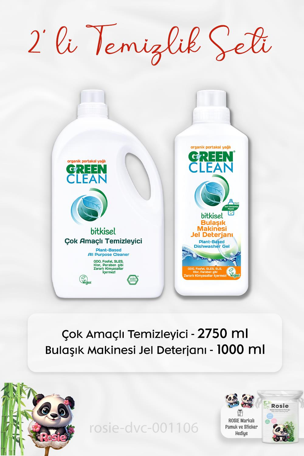 Green Clean Çok Amaçlı Temizleyici 2750 ml, B.Makinesi Jel Deterjanı 1lt ve ROSIE