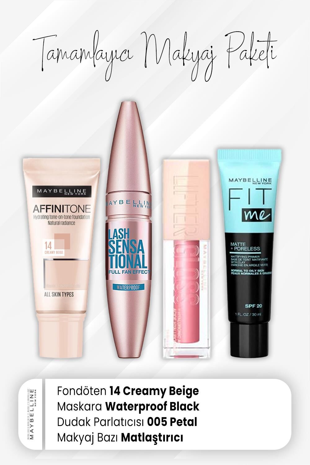 Maybelline New York Affinitone Fondöten 14, Waterproof Maskara Black, Dudak Parlatıcısı 005 Petal ve Matlaştırıcı Baz
