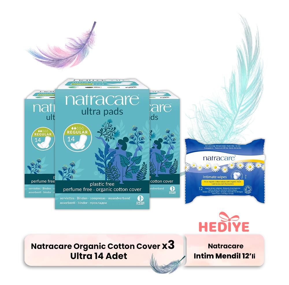 Natracare Organic Cotton Cover Ultra Pads 14' lü x 3, İntim Mendili Hediyeli