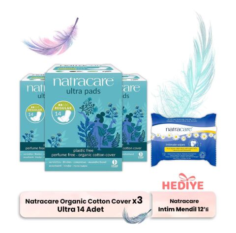 Natracare Organic Cotton Cover Ultra Pads 14' lü x 3, İntim Mendili Hediyeli