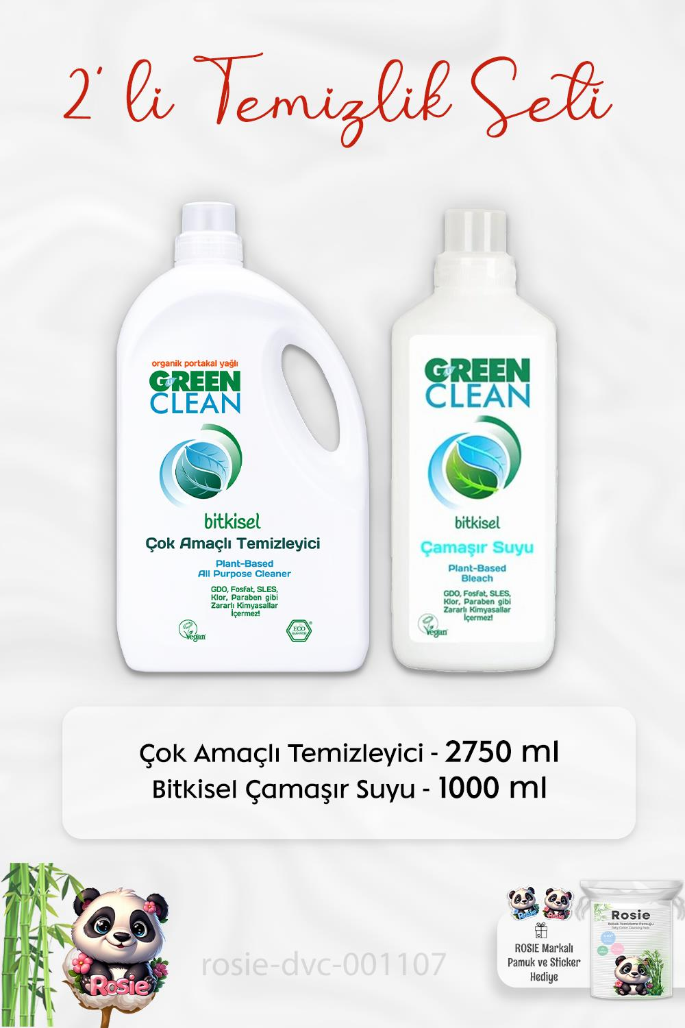 Green Clean Çok Amaçlı Temizleyici 2750 ml, Çamaşır Suyu 1lt ve ROSIE
