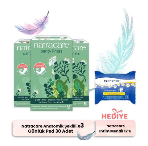 Natracare Günlük Ped Anatomik Şekilli 30' lu x 3, İntim Mendili Hediyeli