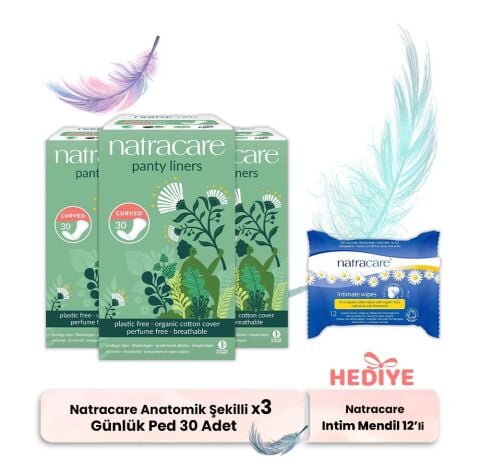 Natracare Günlük Ped Anatomik Şekilli 30' lu x 3, İntim Mendili Hediyeli