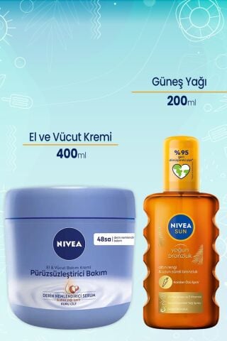 Nivea El ve Vücut Pürüzsüzleştirici Krem 400 ml ve Karoten Özlü Güneş Yağ Spreyi 200 Ml