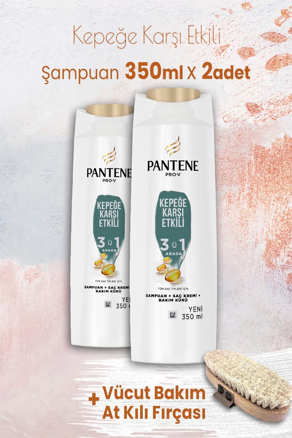 Pantene Şampuan Pro-V Kepek Karşıtı 3'ü 1 Arada 350 ml x 2 Adet ve Vücut Bakım At Kılı Fırçası