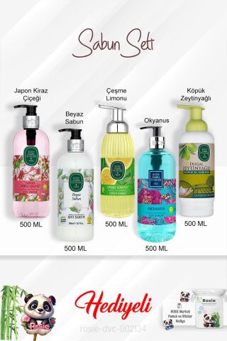 Sabun Paketi Okyanus, Çeşme Limonu, Japon Kiraz Çiçeği, Beyaz Sabun, Zeytinyağlı 500 ML ve Rosie