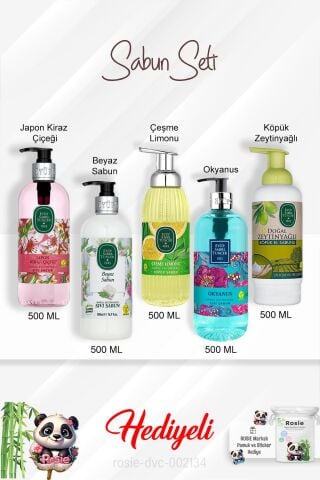 Sabun Paketi Okyanus, Çeşme Limonu, Japon Kiraz Çiçeği, Beyaz Sabun, Zeytinyağlı 500 ML ve Rosie