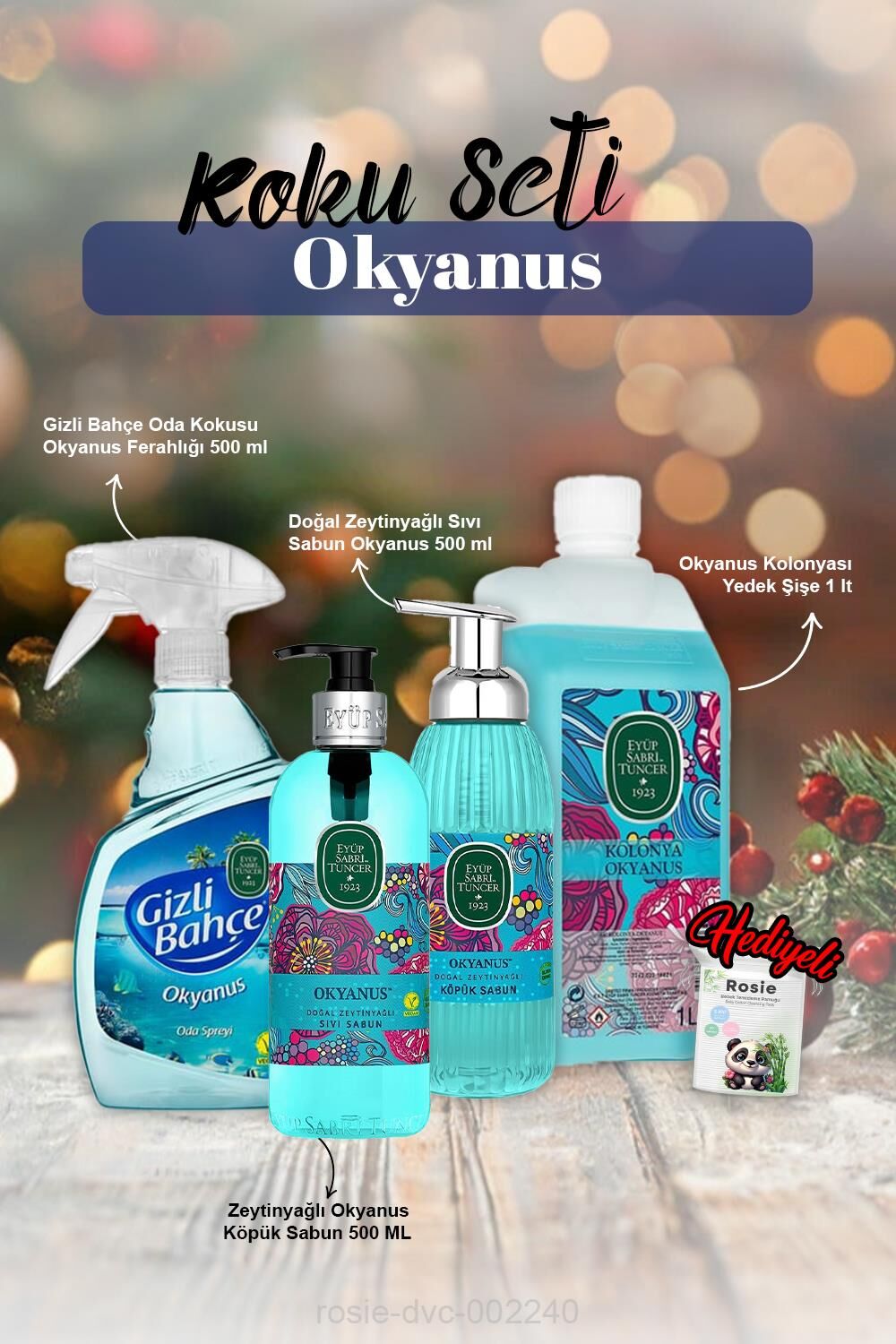 Okyanus Sıvı ve Köpük Sabun 500ml, Kolonya 1lt, Oda kokusu 500ml ve Rosie Pamuk