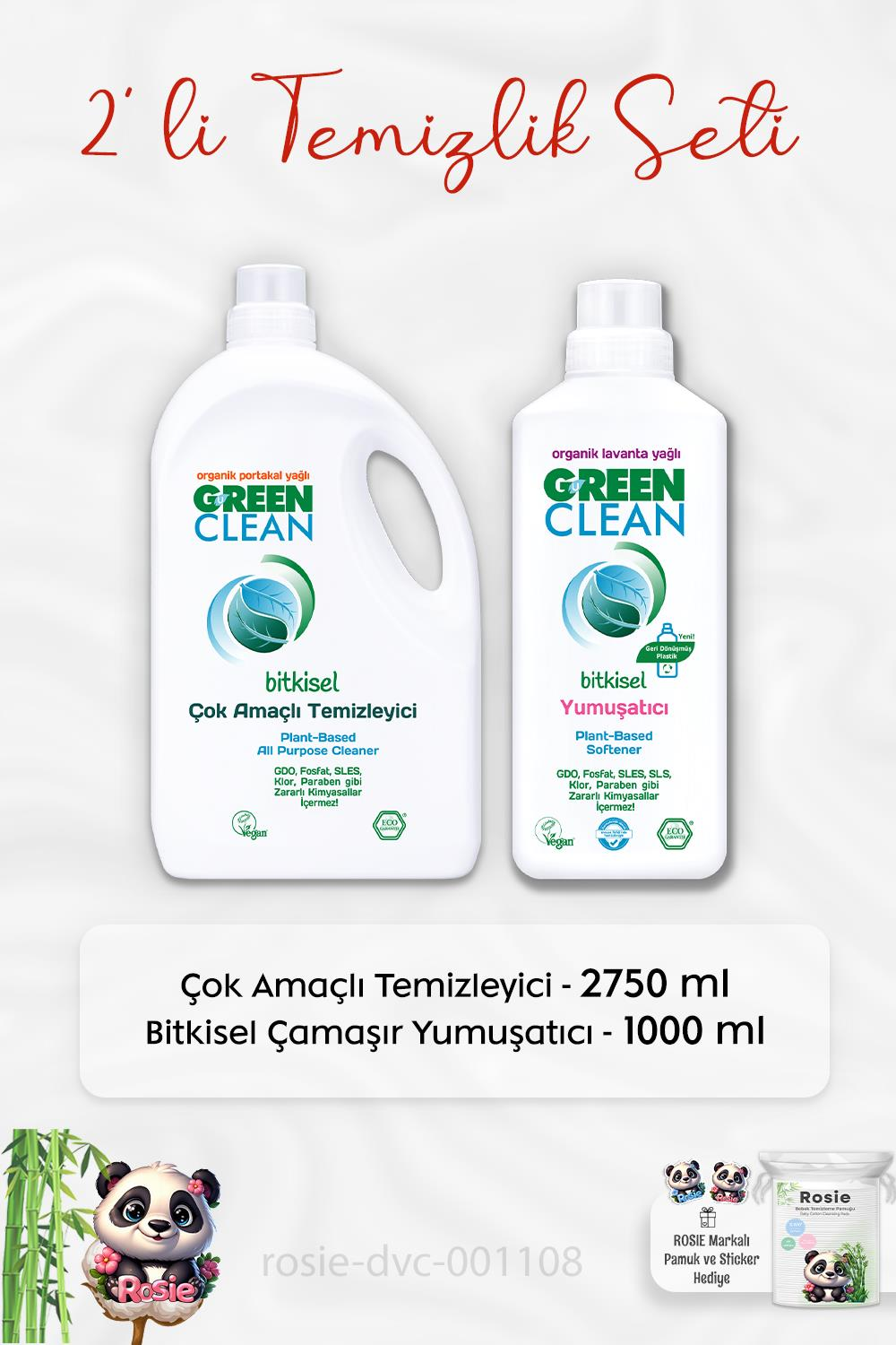 Green Clean Çok Amaçlı Temizleyici 2750 ml, Çamaşır Yumuşatıcısı 1lt ve ROSIE
