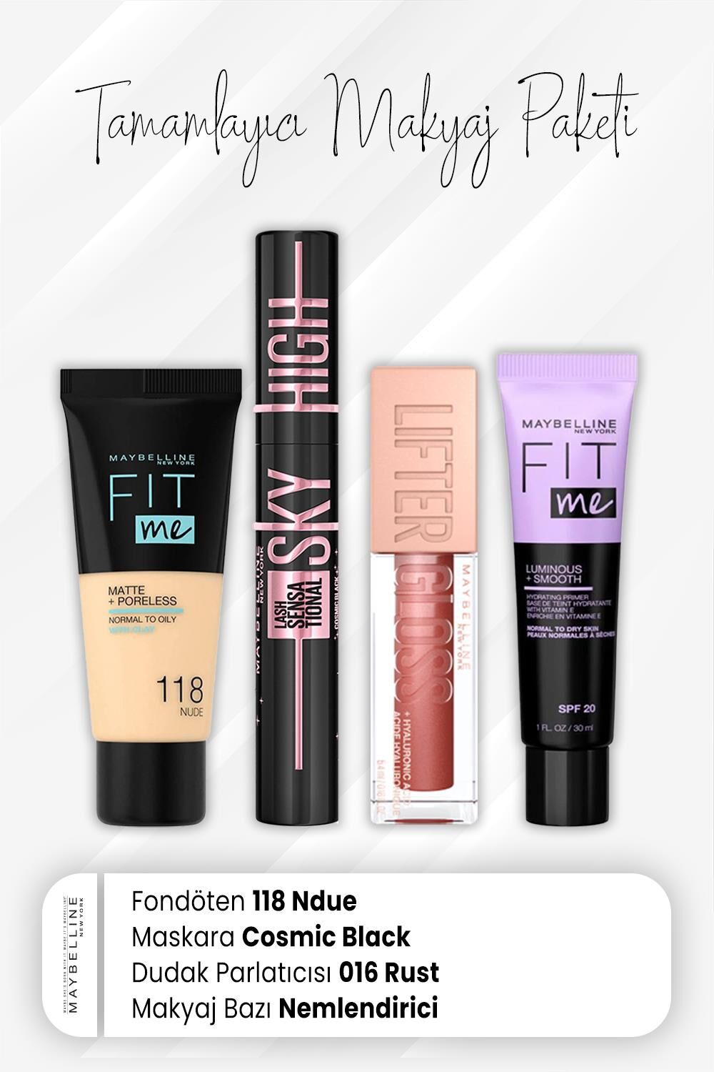 Maybelline New York Fit Me Fondöten 118, Sky High Maskara Cosmic Black, Dudak Parlatıcı 016 Rust ve Nemlendiren Baz