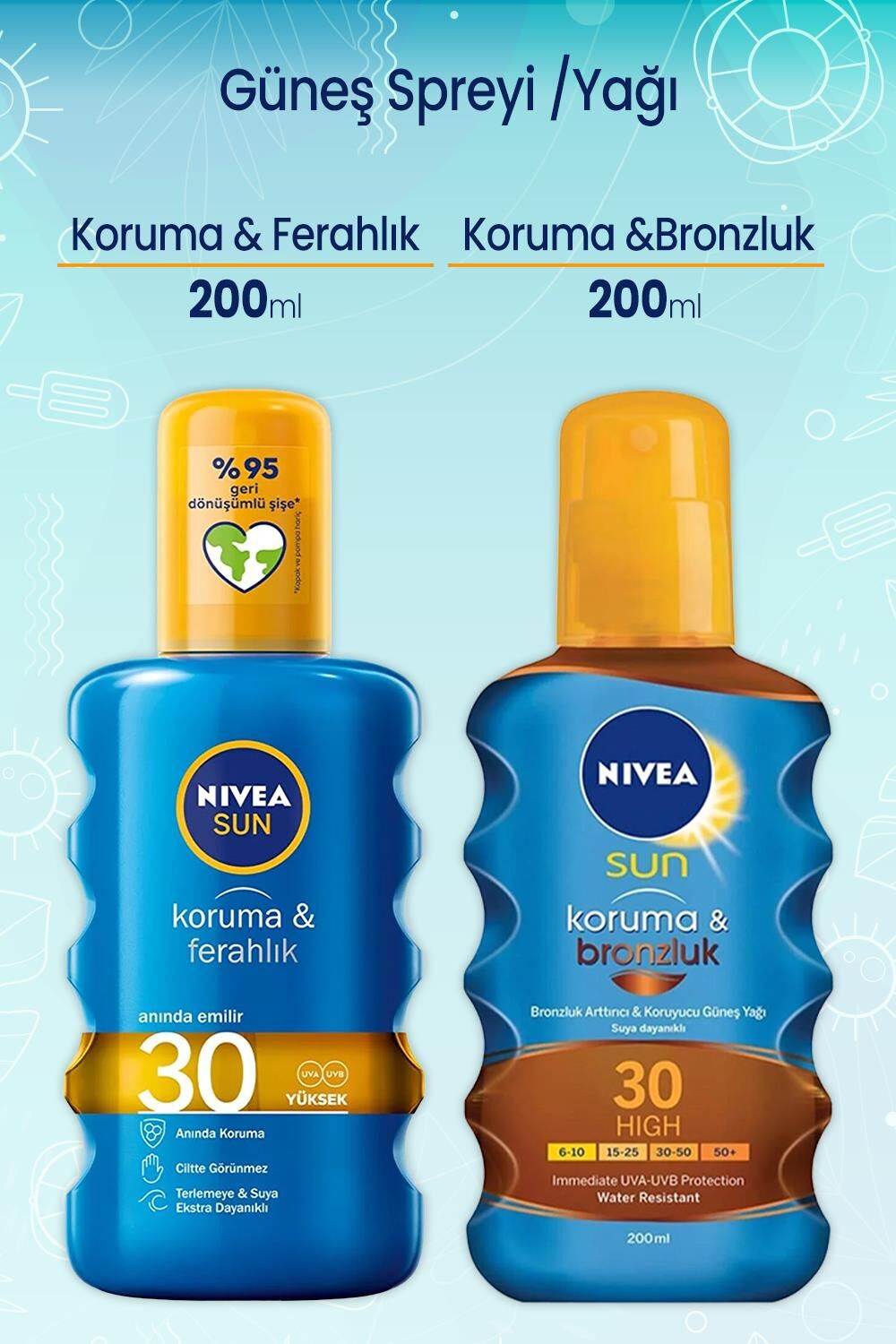Nivea Sun Güneş Spreyi 200 ml Koruma & Ferahlık 30 ve Koruma Ve Bronzluk Güneş Yağı 30 200 Ml