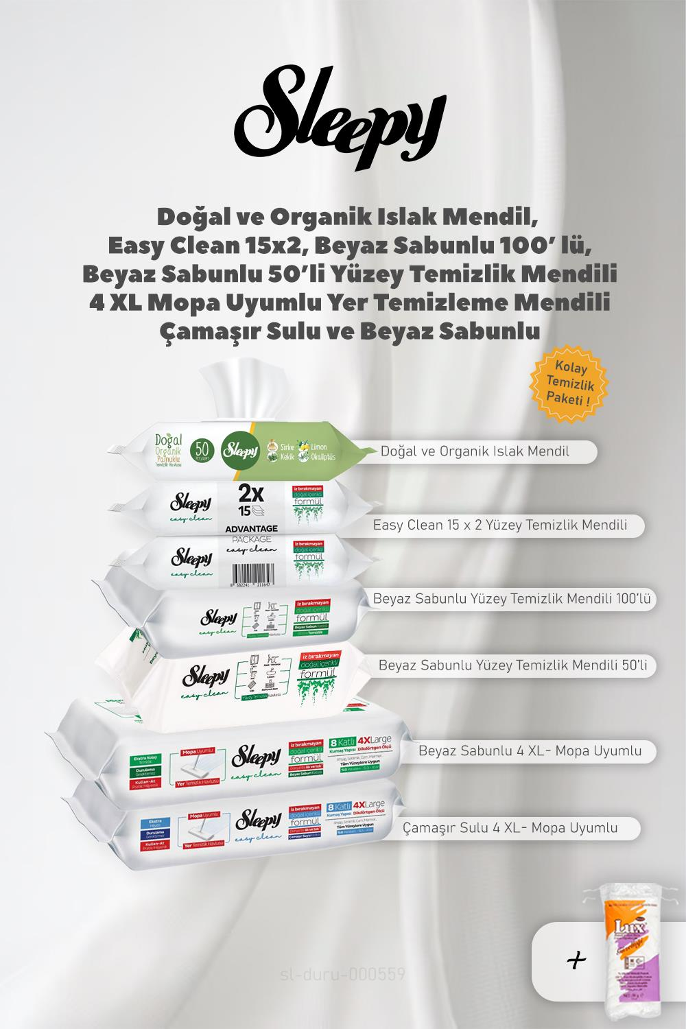 Sleepy Yüzey Temizlik Havlu Seti 5 Paket ve Organik Mendil, Hediye 50 Gram Pamuk