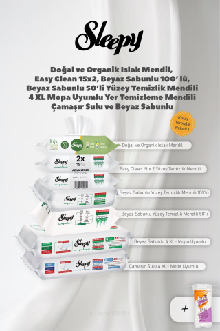 Sleepy Yüzey Temizlik Havlu Seti 5 Paket ve Organik Mendil, Hediye 50 Gram Pamuk