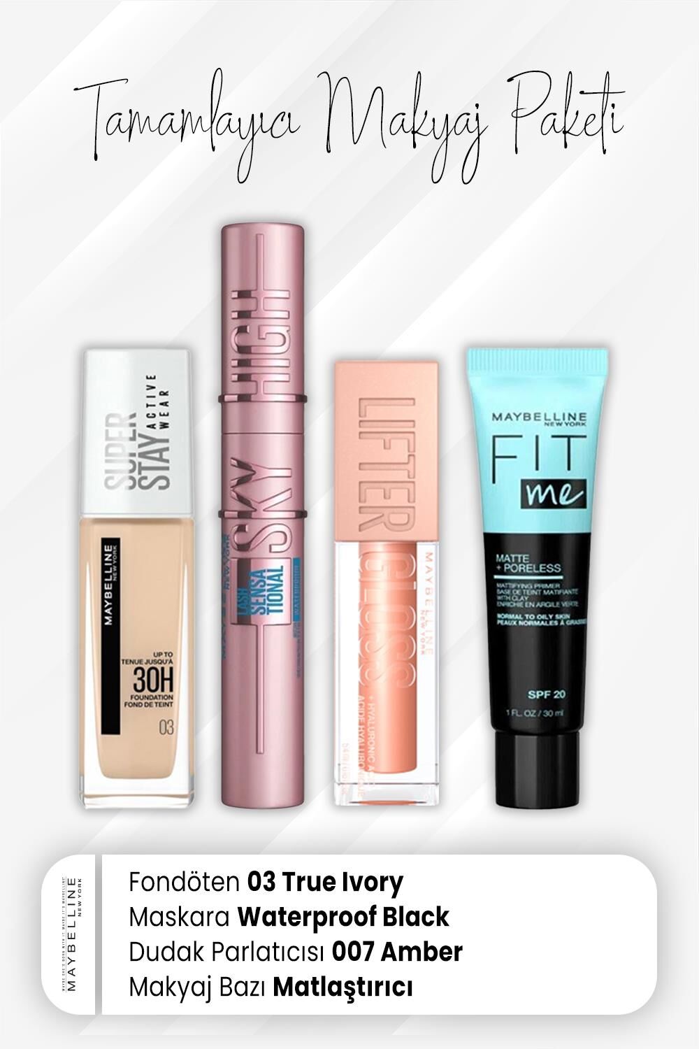 Maybelline New York Super Stay Fondöten 03, Sky High Waterproof Maskara Black, Dudak Parlatıcı 007 Amber ve Matlaştırıcı Baz