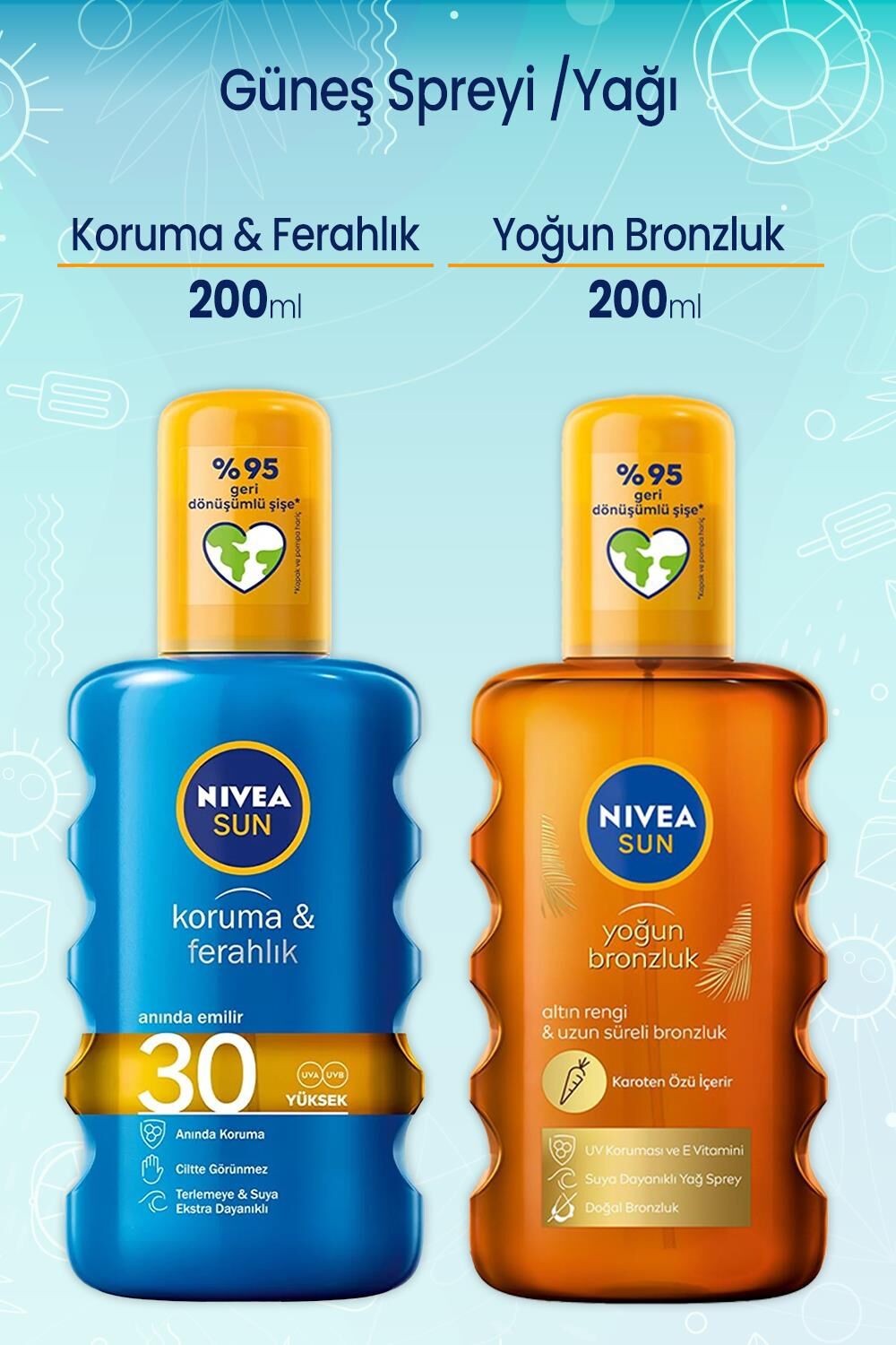 Nivea Sun Güneş Spreyi 200 ml Koruma & Ferahlık 30 ve Karoten Özlü Güneş Yağ Spreyi 200 Ml