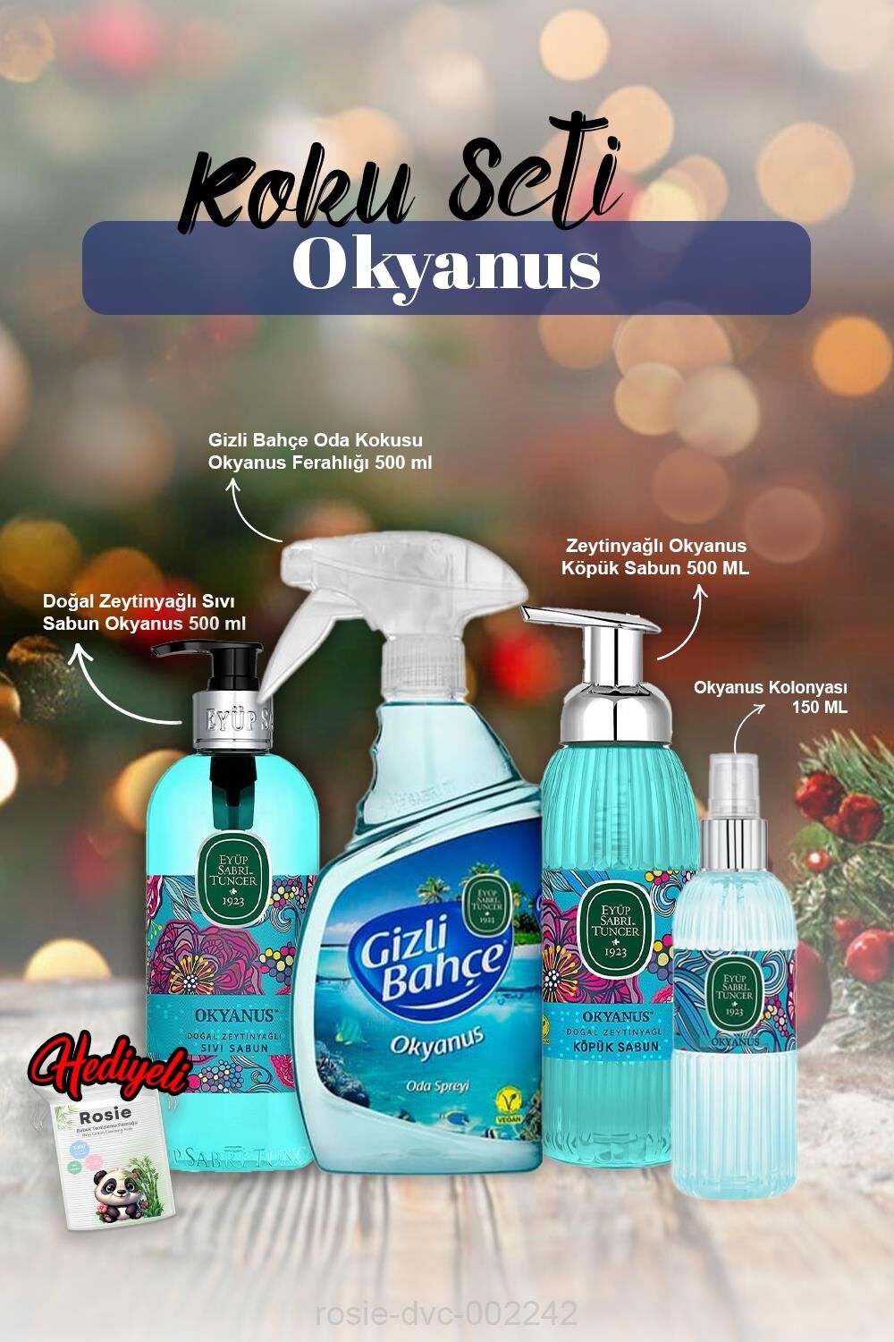 Kolonya 150ml, Sıvı ve Köpük Sabun 500ml, Oda kokusu 500ml Okyanus ve Rosie Pamuk