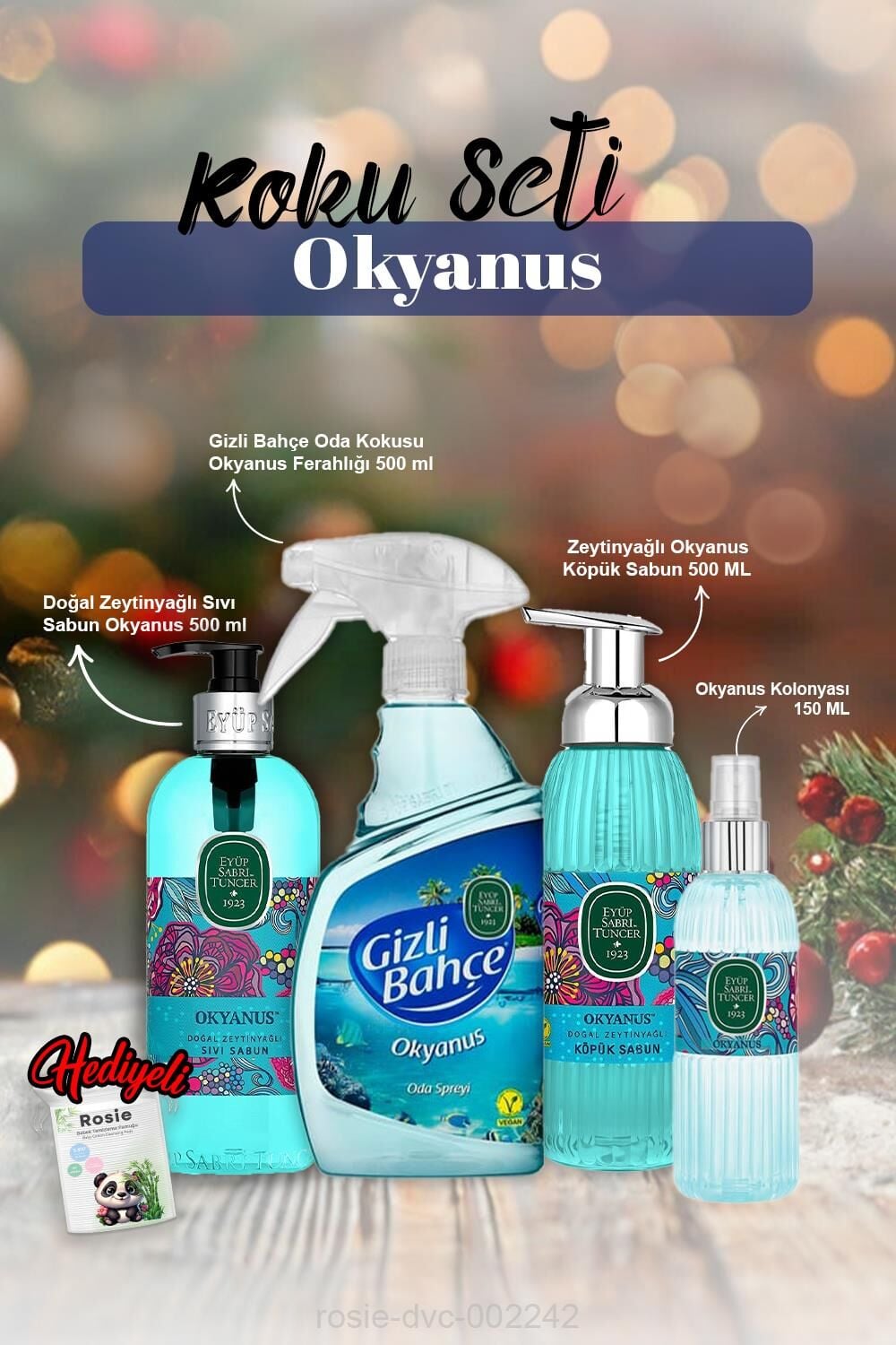 Kolonya 150ml, Sıvı ve Köpük Sabun 500ml, Oda kokusu 500ml Okyanus ve Rosie Pamuk