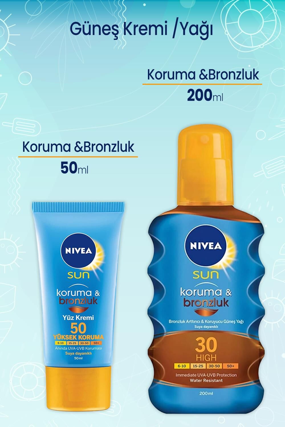 Nivea Sun Koruma Ve Bronzluk Güneş Yağı 30 200 Ml ve 50 Faktör Yüz için Güneş Kremi 50 ml