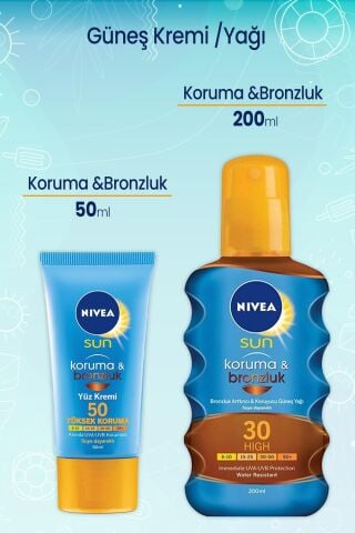Nivea Sun Koruma Ve Bronzluk Güneş Yağı 30 200 Ml ve 50 Faktör Yüz için Güneş Kremi 50 ml