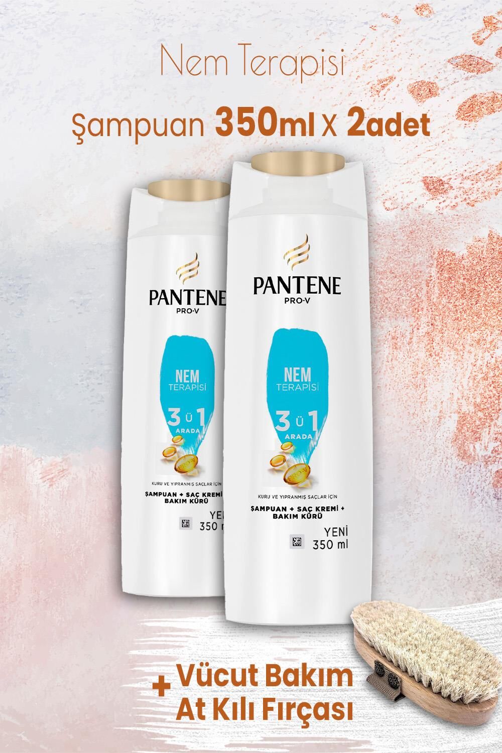 Pantene Şampuan Pro-V Nem Terapisi 3'ü 1 Arada 350 ml x 2 Adet ve Vücut Bakım At Kılı Fırçası