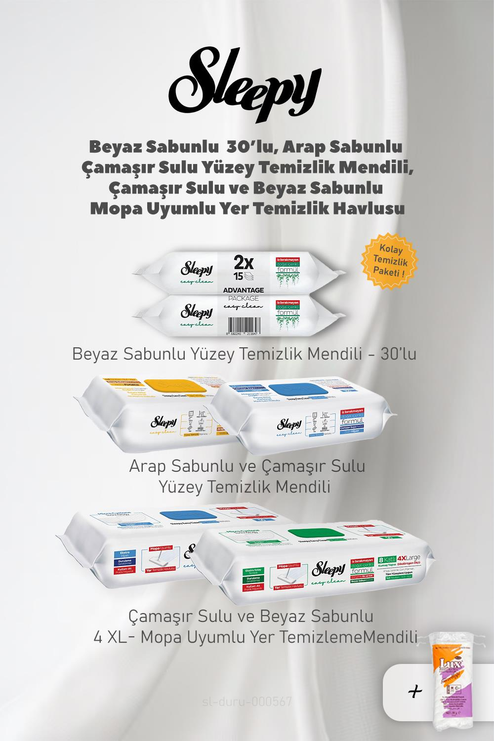 Sleepy Yüzey Temizlik Mendili, Mopa Uyumlu 4 XL Set ve 50 Gram Pamuk