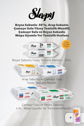 Sleepy Yüzey Temizlik Mendili, Mopa Uyumlu 4 XL Set ve 50 Gram Pamuk
