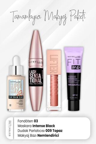 Maybelline New York Super Stay Fondöten 03, Full Fan Maskara Intense Black, Dudak Parlatıcı 009 Topaz ve Nemlendiren Baz