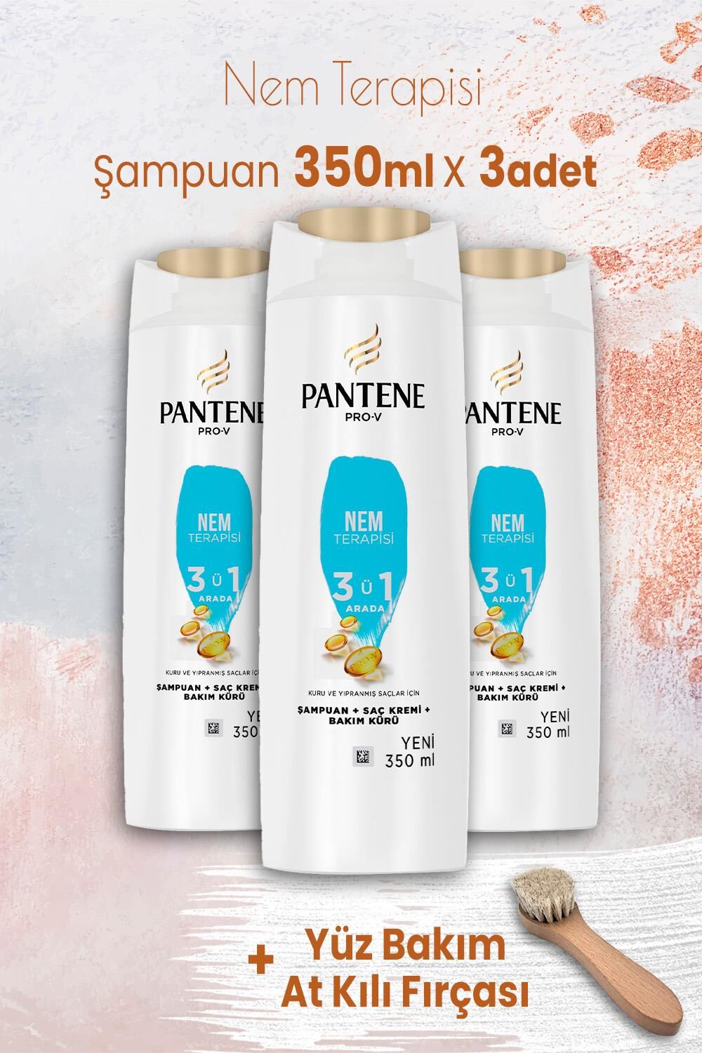 Pantene Şampuan Pro-V Nem Terapisi 3'ü 1 Arada 350 ml x 3 Adet ve Yüz Bakım At Kılı Fırçası