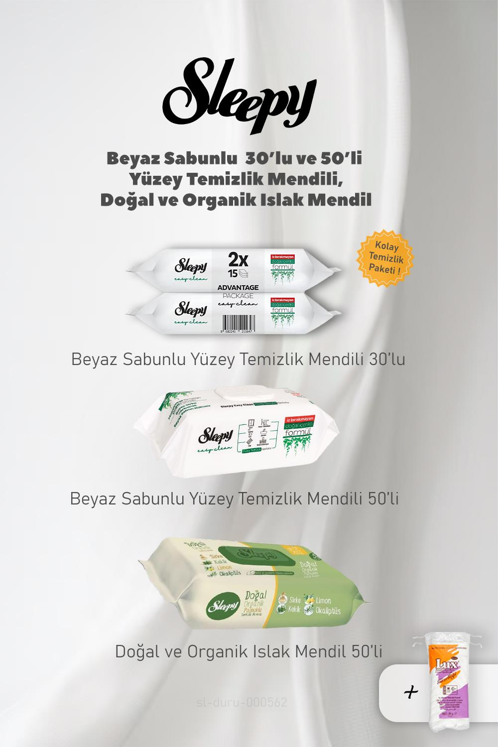 Sleepy Beyaz Sabunlu Yüzey Havluları ve Organik Islak Mendil, Pamuk Hediyeli