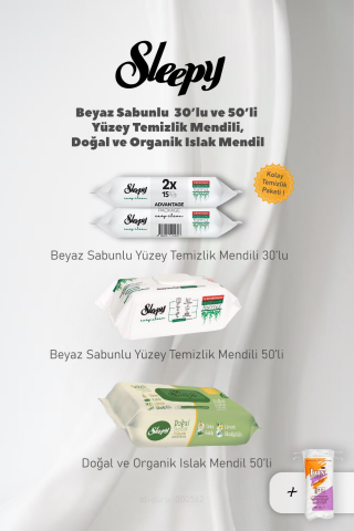 Sleepy Beyaz Sabunlu Yüzey Havluları ve Organik Islak Mendil, Pamuk Hediyeli