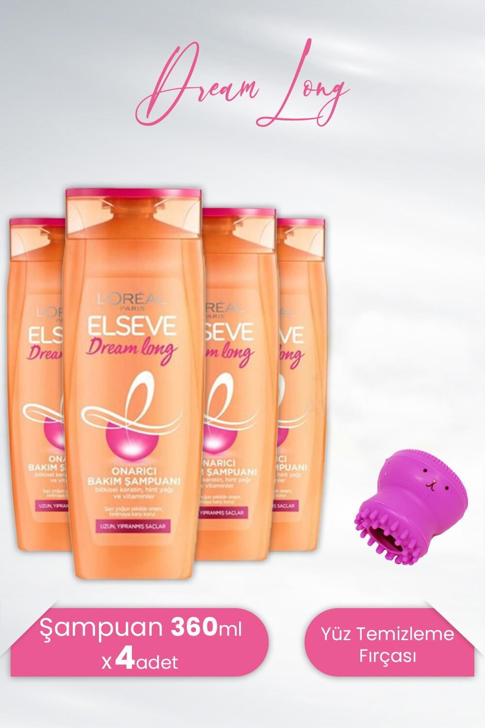 Elseve Dream Long Onarıcı Şampuan 360 ml x 4 Adet ve Tarko Lionesse Yüz Temizleme Fırçası - Mor