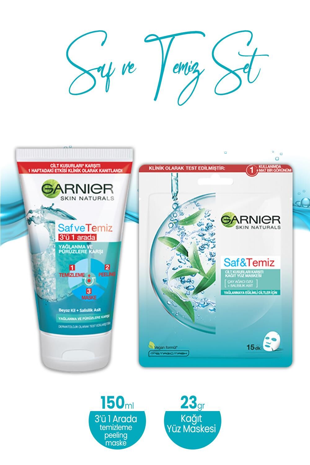 Garnier Saf & Temiz 3' ü 1 Arada 150 ml ve Kağıt Yüz Maskesi 23 gr