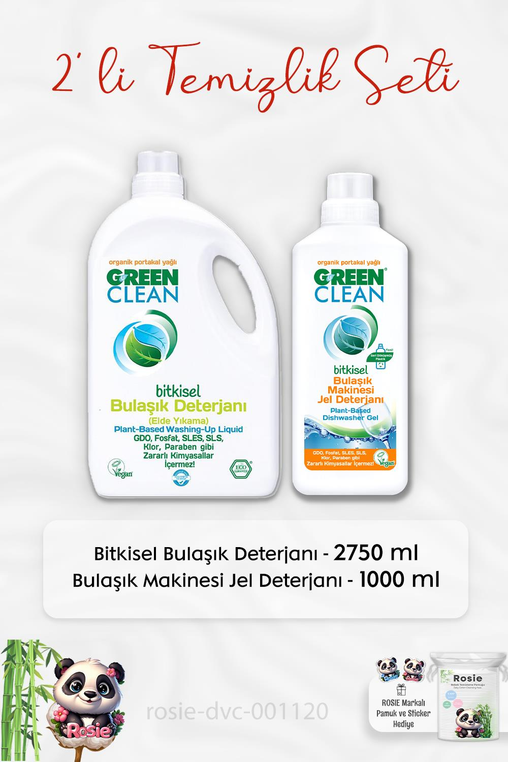 Green Clean Bulaşık Deterjanı Elde Yıkama 2750 ml, Bulaşık Makinesi Jel Deterjanı 1 lt ve ROSIE