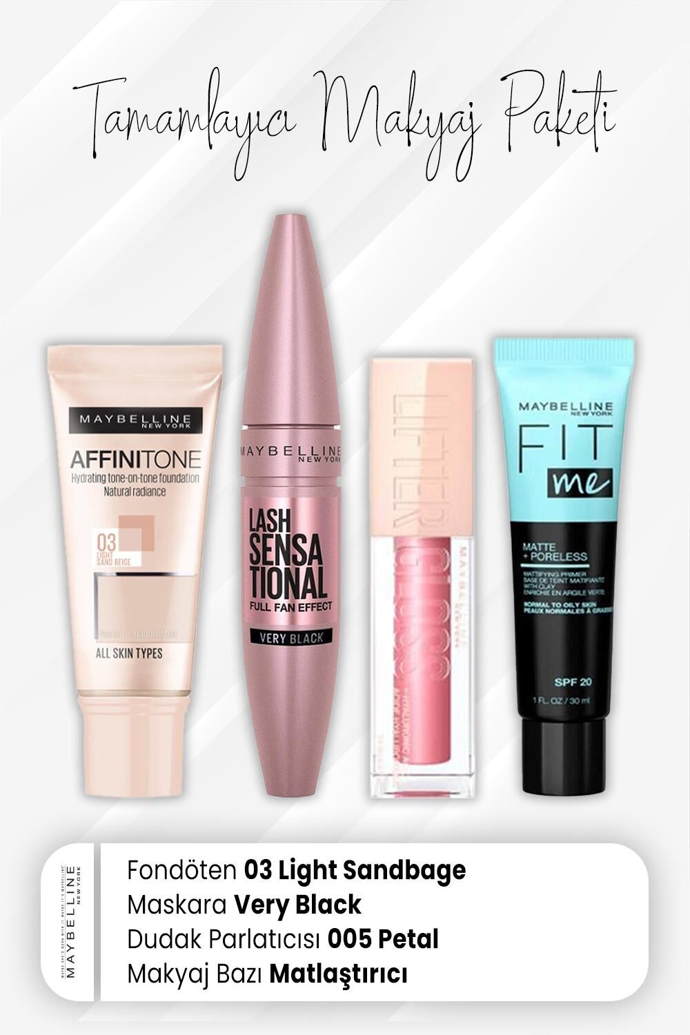 Maybelline New York Affinitone Fondöten 03, Full Fan Maskara Very Black, Dudak Parlatıcı 005 Petal ve Matlaştırıcı Baz