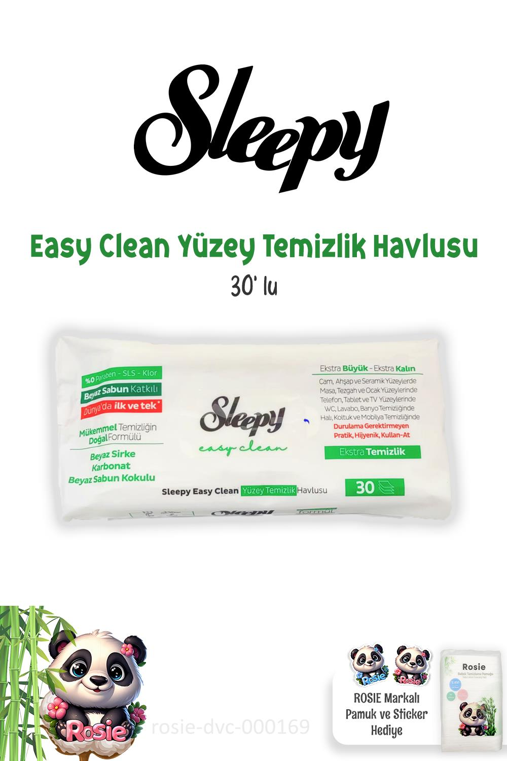Sleepy Easy Clean Beyaz Sabunlu Yüzey Temizlik Havlusu 30' lu ve ROSIE Pamuk