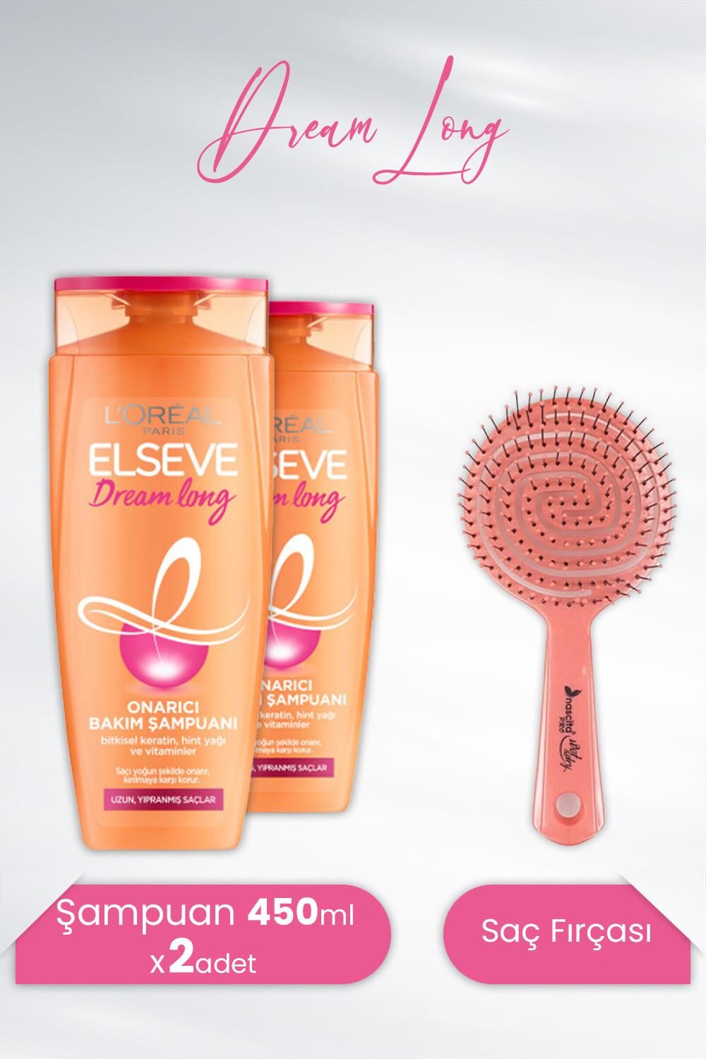 Elseve Dream Long Onarıcı Şampuan 450 ml x 2 Adet ve Nascita Üç Boyutlu Oval Saç Fırçası Pembe