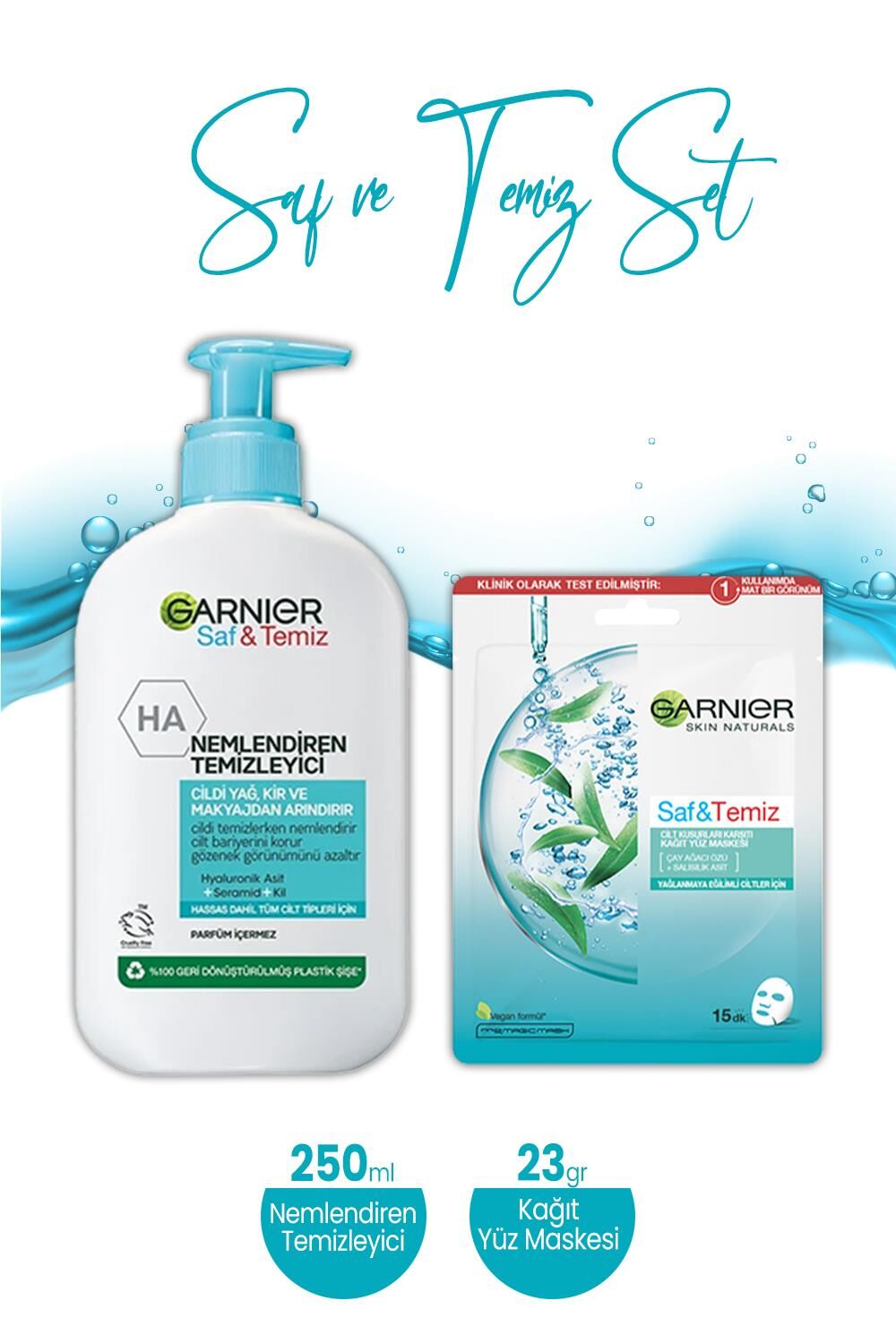 Garnier  Saf & Temiz Nemlendiren Temizleyici 250 ml ve Kağıt Yüz Maskesi 23 gr