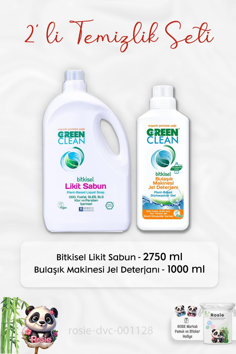 Green Clean Bitkisel Likit Sabun 2750 ml, B.Makinesi Jel Deterjanı 1 lt ve ROSIE