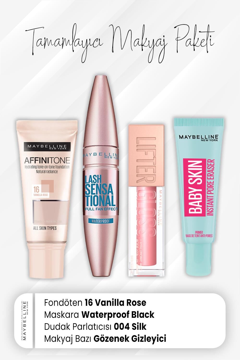 Maybelline New York Affinitone Fondöten 16, Waterproof Maskara Black, Dudak Parlatıcı 004 Silk ve Makyaj Bazı Baby