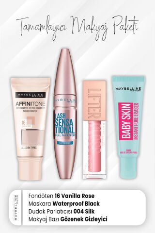 Maybelline New York Affinitone Fondöten 16, Waterproof Maskara Black, Dudak Parlatıcı 004 Silk ve Makyaj Bazı Baby